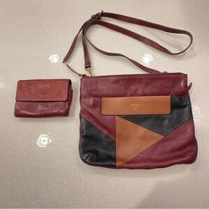 Vintage Fossil Leather Crossbody Bag & Wallet Burgundy Brown Black